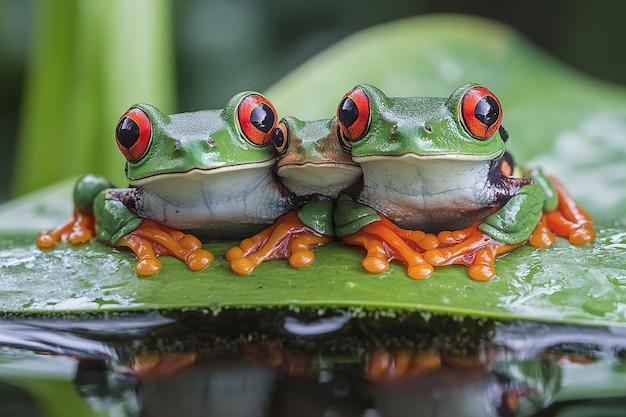 two frogs with their eyes on a banana leaf