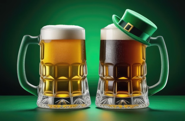 two frothy beer mugs with cylinder hat on green background St Patricks day celebration