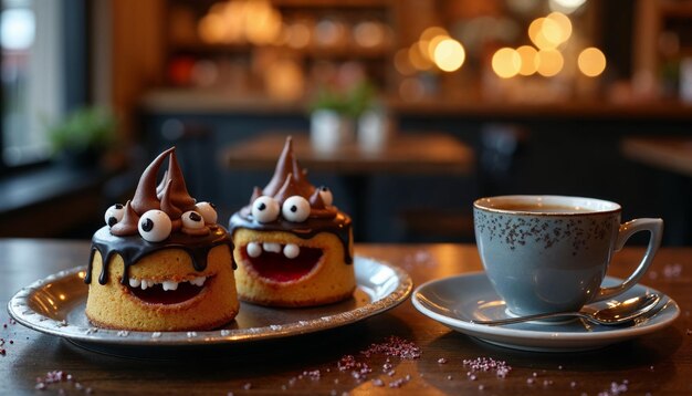 Photo two fun monster cupcakes with eyes and mouths are served with a coffee cup in a warm cafe