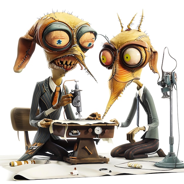 Two Funny Cartoon Creatures in Suits Sewing with a Vintage Sewing Machine