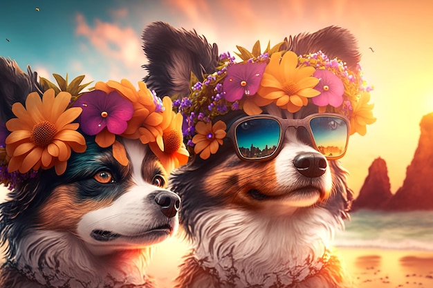 Two funny dogs wearing flower hats and sunglasses relaxing at the beach generative AI