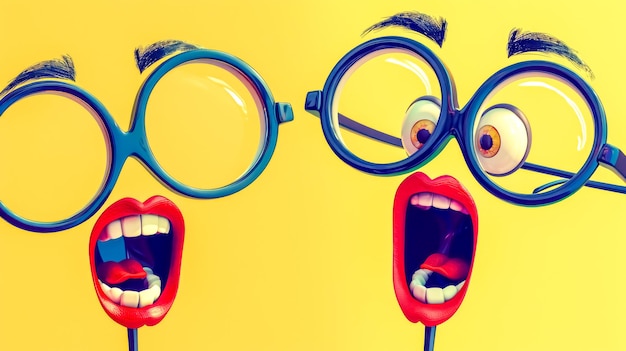 Photo two funny faces with big glasses and open mouths are screaming on yellow background