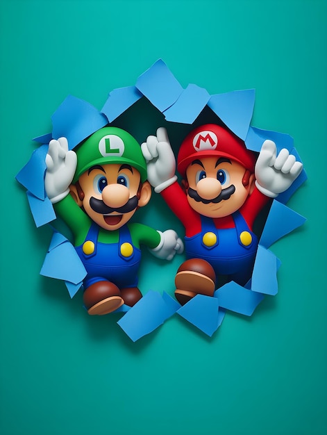 Two funny gnomes in a hole in a blue paper 3d rendering