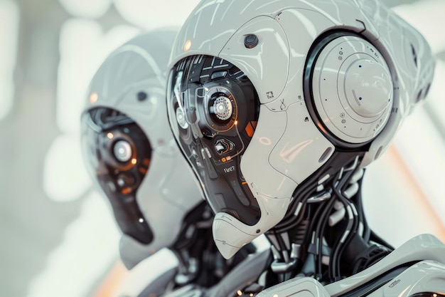 Photo two futuristic humanoid robots with detailed metallic faces standing side by side in a bright modern setting showcasing advanced ai technology