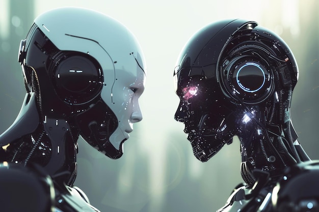 Two futuristic opposite ai robots Battle of good and bad artificial intelligence robot