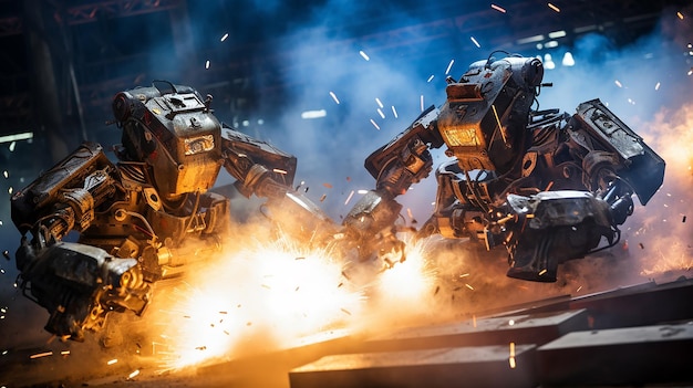 Photo two futuristic robots battle in a factory setting with sparks and smoke