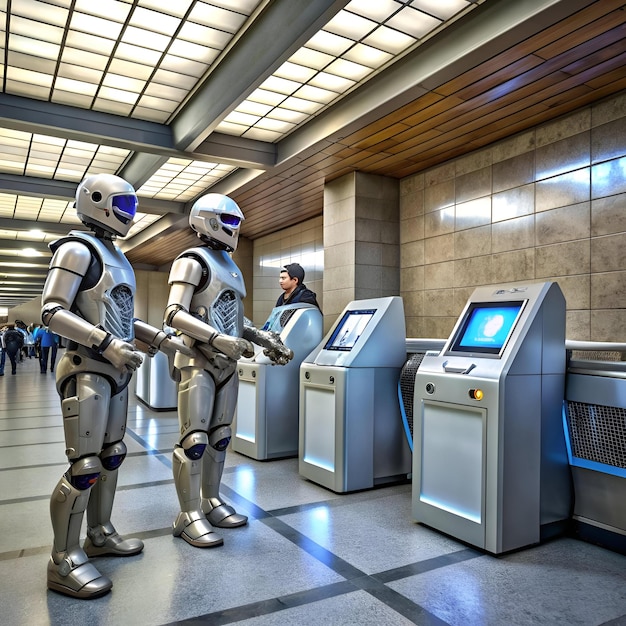 Two futuristic robots stand by automated ticketing machines in a modern spacious terminal