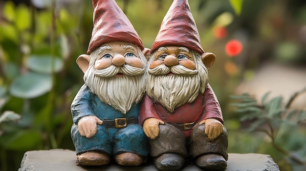 Photo two garden gnomes sitting together in a garden