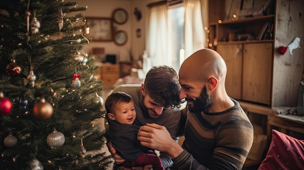 Two gay men and their son in their living room decorating a Christmas tree with ornaments Copy space