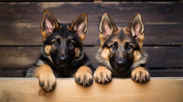 Two German Shepherd Puppies Observing Wooden Table