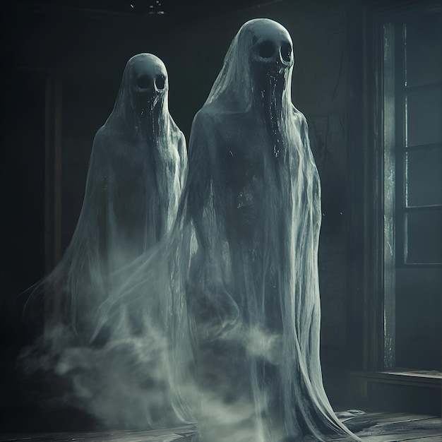 Photo two ghost ghosts are standing in front of a window