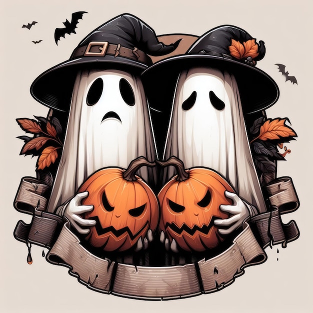 Two ghost with pumpkins for halloween