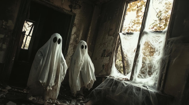 Photo two ghosts in a haunted decaying room