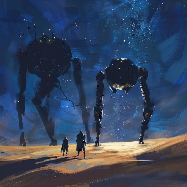 Photo two giant robots stand over tiny figures in a desert under a starry sky