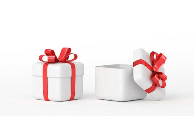 Two gift boxes, open and closed, wrapped in a red ribbon and bow on top. 3d rendering