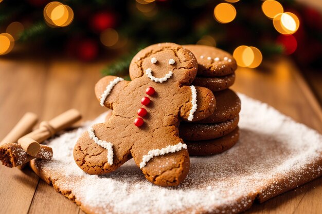 Two gingerbread loafs on a wooden table with a red napkin behind them.