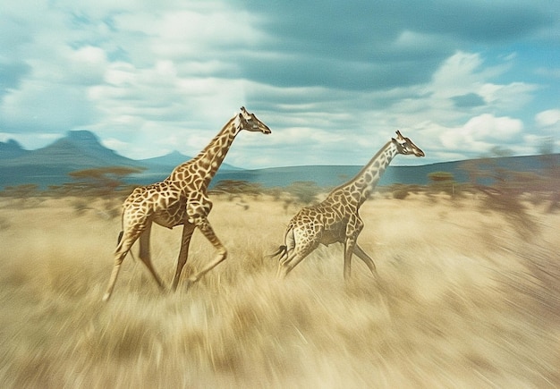 Photo two giraffes in african savannah with mountain backdrop