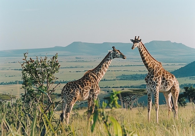 Photo two giraffes in african savannah with mountain backdrop