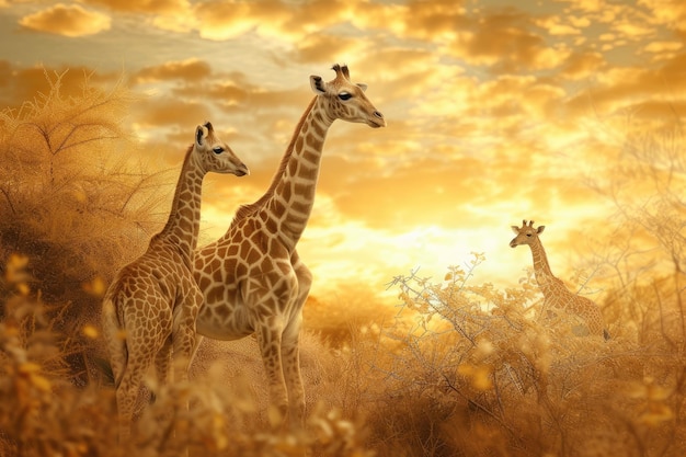 Photo two giraffes are standing next to each other elegant giraffe gracefully reaching for leaves