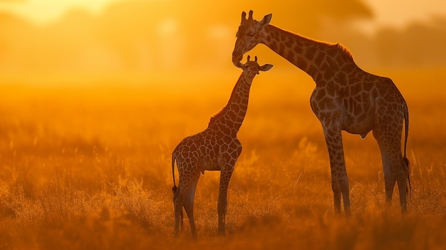 Photo two giraffes are standing in the grass one is a baby