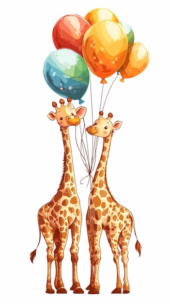 Two giraffes holding colorful balloons creating a whimsical and joyful scene