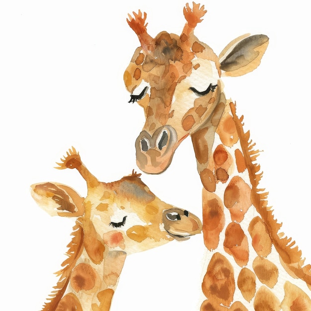 Two giraffes isolated on white background Watercolor illustration