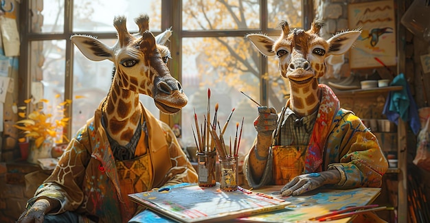 Photo two giraffes painting in a studio