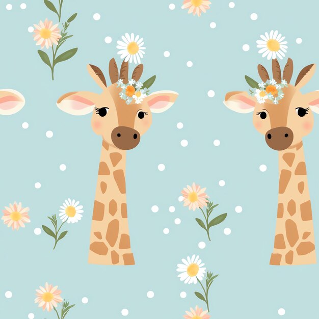 Photo two giraffes with flowers on a blue background