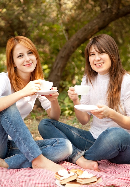 Two girl at picnic. Autumn outdoor.