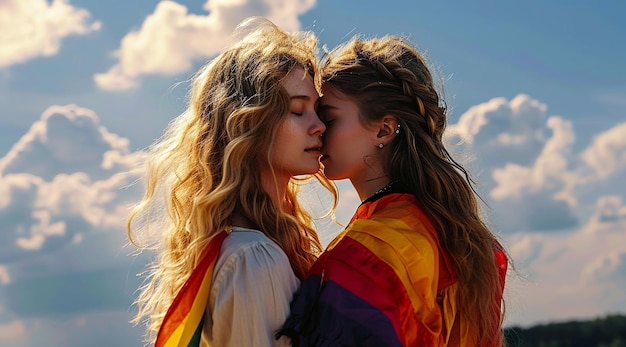 Photo two girls are kissing in the sky and one has a rainbow colored scarf on her head