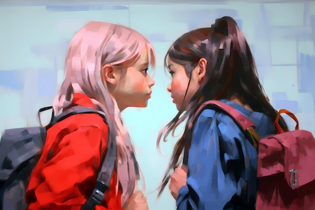 Two girls are looking at each other and one has a red jacket on.