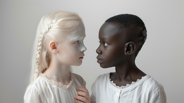 Photo two girls are looking at each other and one has a white dress on