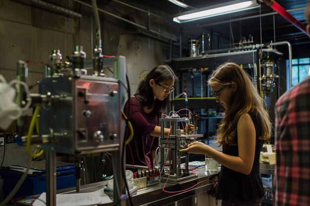 two girls are looking at a lab with a bottle of liquid