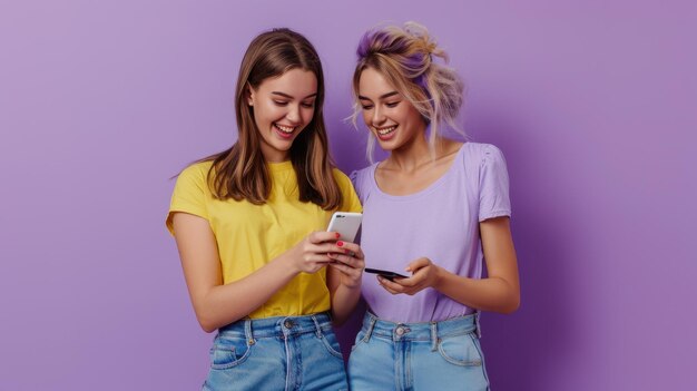 two girls are looking at a phone and the one is wearing a yellow shirt