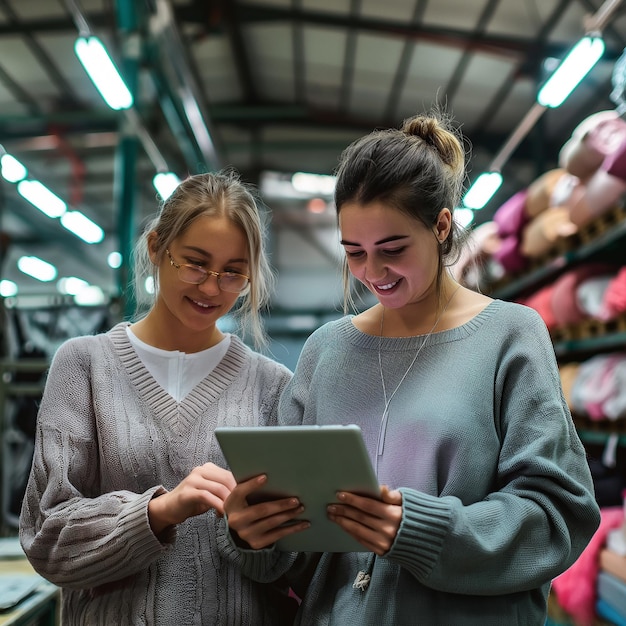 two girls are looking at a tablet that has the word quot on it quot