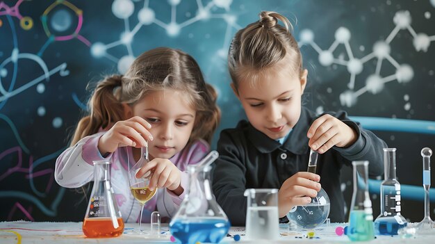 two girls are looking at a test tube with the words quot the word quot on the bottom