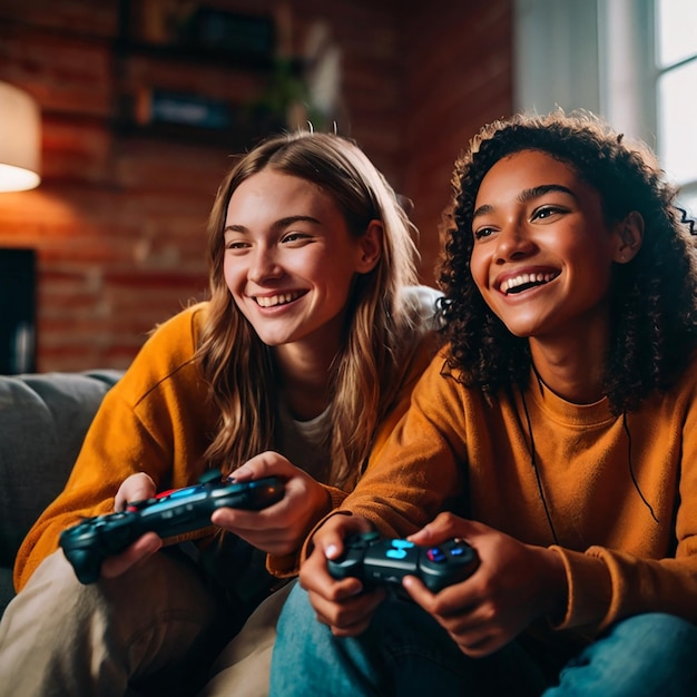 two girls are playing a video game and one has a yellow sweater on