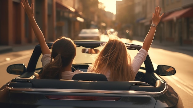 Two girls are riding in a convertible with their hands raised Generative AI