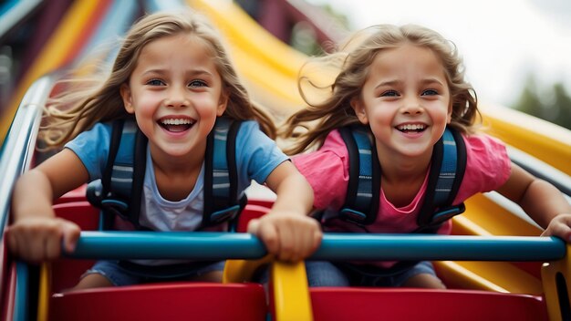 two girls are riding a slide with the same shirt on