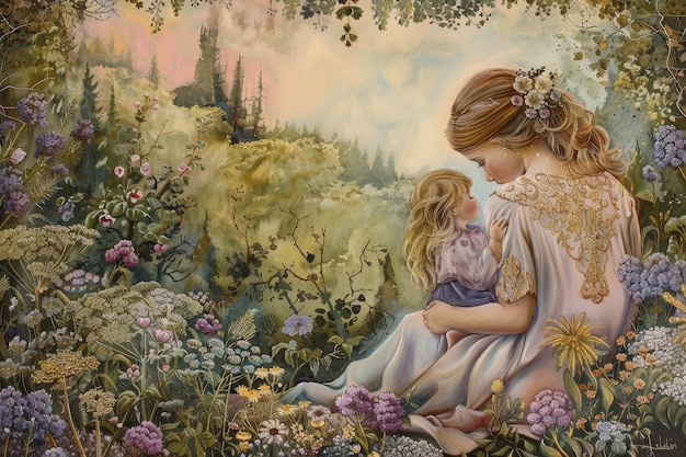 Two girls are seated among colorful flowers in a field Create a soothing landscape that evokes the nurturing spirit of motherhood