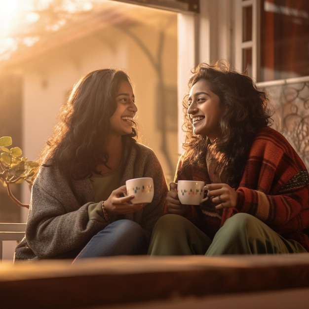 two girls are sitting on a couch and drinking coffee.