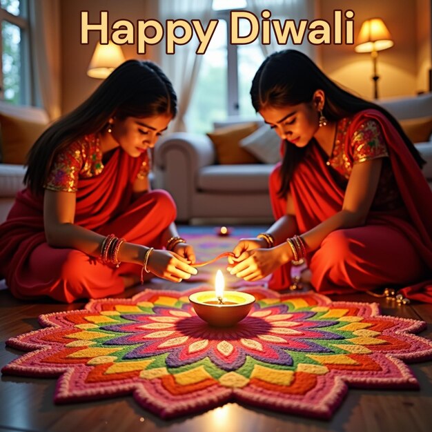 Photo two girls are sitting on a floor and one of the girls is wearing a red sari