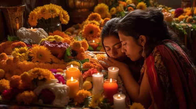 Two girls are sitting in front of a table covered in flowers and candles.