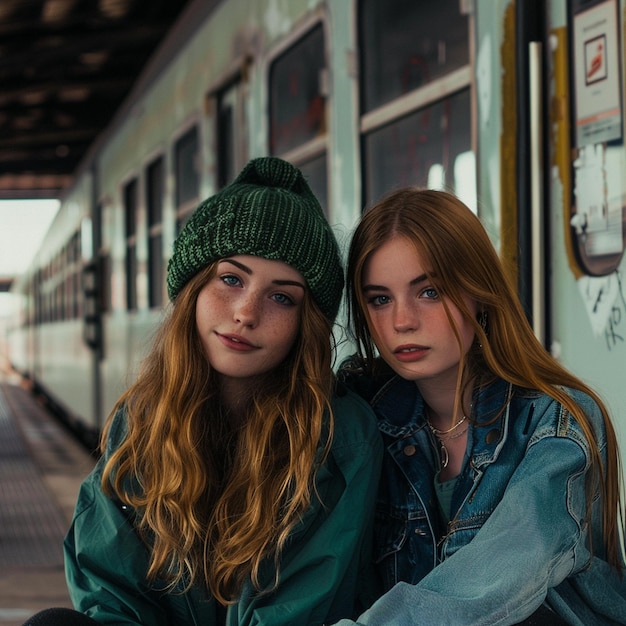 Photo two girls are sitting next to a train with graffiti on the side