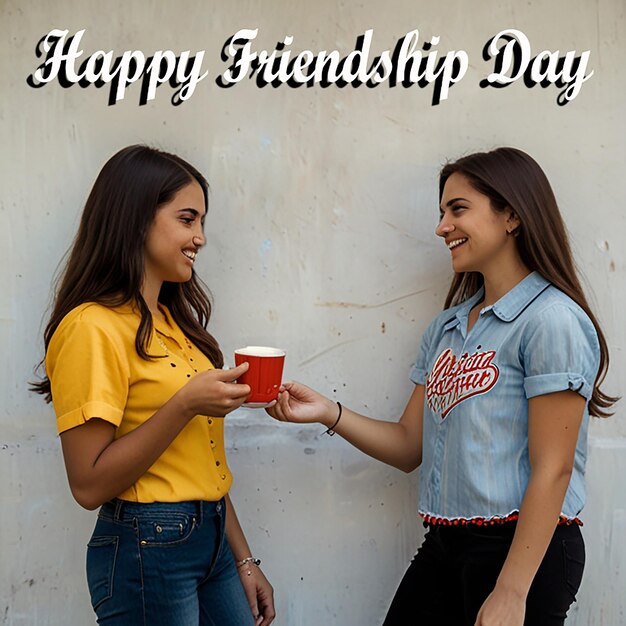 Photo two girls are smiling and one has a red cup of coffee in her hand