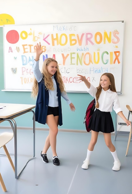 two girls are standing in front of a whiteboard that says quot having a peace sign quot