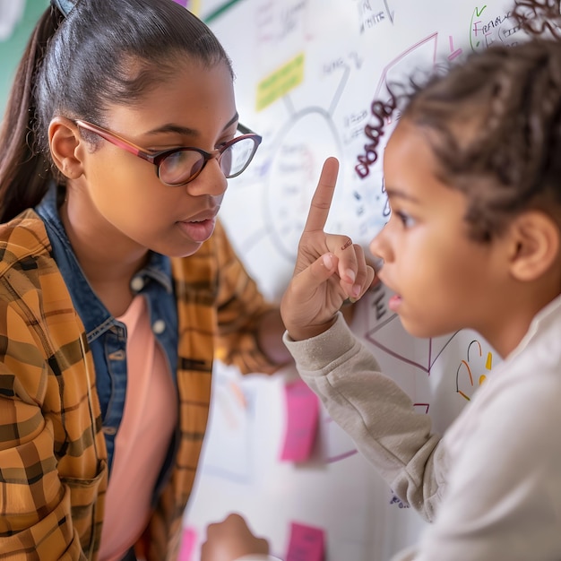 Photo two girls are talking in front of a whiteboard with sticky notes on it