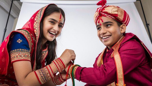 two girls are wearing traditional indian saris one of which is wearing a red sari