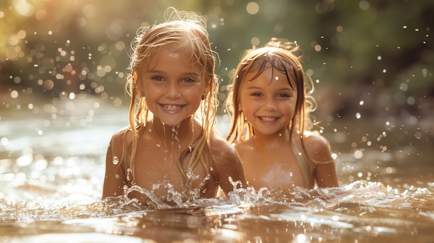 Two girls bathing in a river smiling in a natural environment