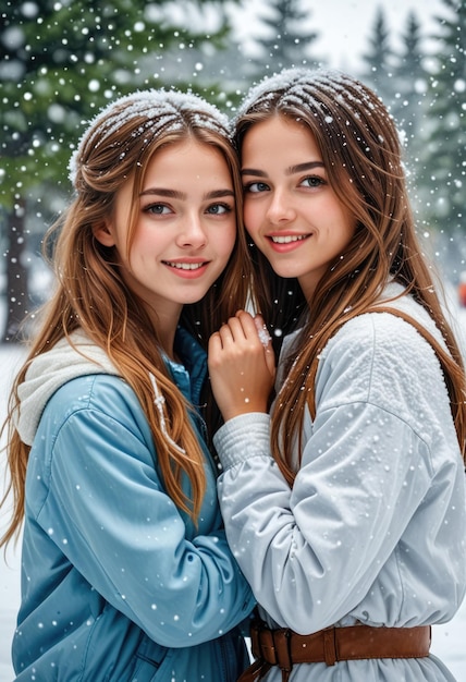 Photo two girls in blue jackets are posing for a picture